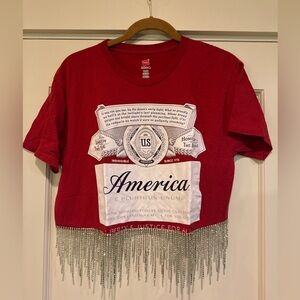 Custom Red Graphic Crop Top with Fringe